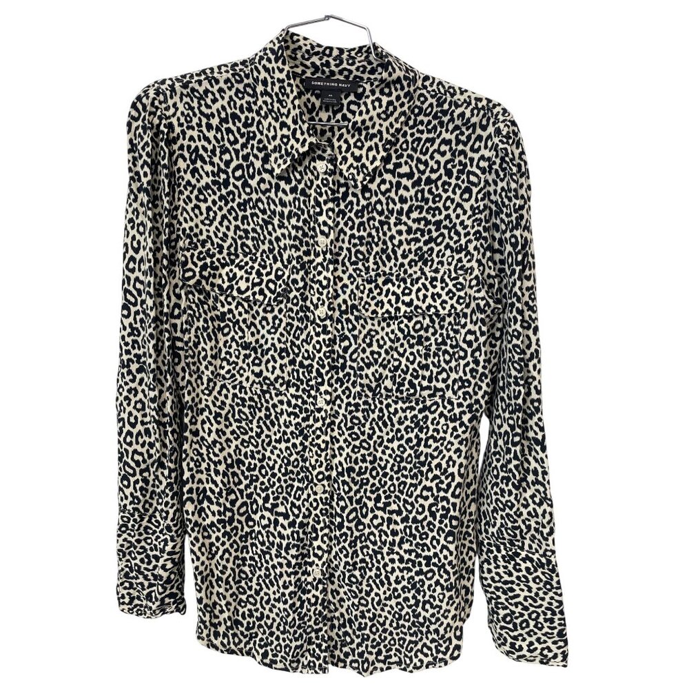 Something Navy Leopard Button Front Blouse Size X… - image 3